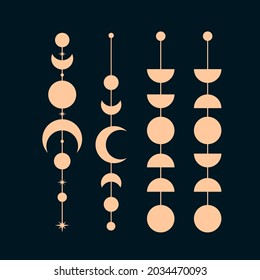 Moon phases boho design elements. Bohemian phases of the moon illustration. 