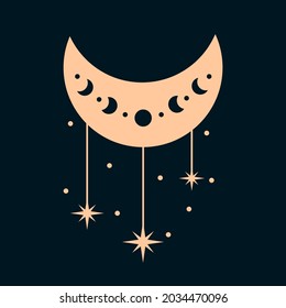 Moon phases boho design elements. Bohemian phases of the moon illustration. 