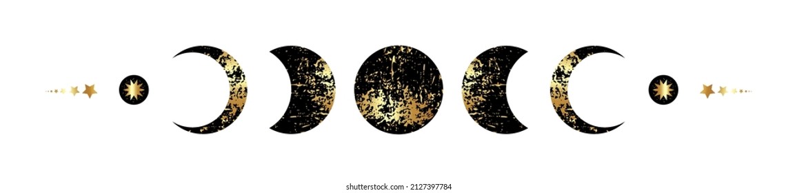 Moon Phases border frame in black and gold foil texture, wicca banner sign. Golden Triple moon pagan Wiccan goddess symbol, Sacred geometry, wheel of the year, vector isolated on white background 