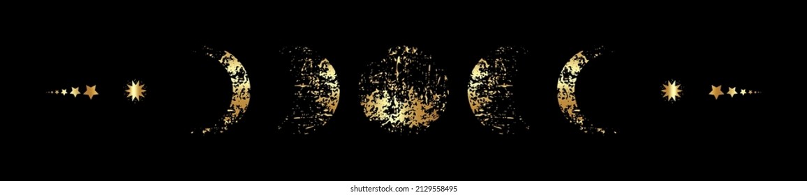 Moon Phases border frame in gold foil texture, wicca banner sign. Golden luxury Triple moon pagan Wiccan goddess symbol, Sacred geometry, wheel of the year, vector isolated on black background 