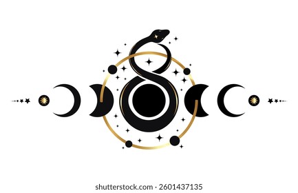 Moon Phases border frame and Mystical snake, wicca banner celestial sign. Triple moon pagan Wiccan goddess symbol, Sacred geometry, wheel of the year, esoteric vector isolated on white background 