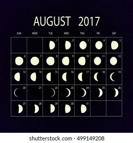 Moon phases calendar for 2017 on night sky. August. Vector illustration.