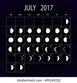 Moon phases calendar for 2017 on night sky. July. Vector illustration.