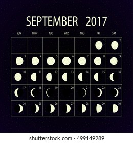 Moon phases calendar for 2017 on night sky. September. Vector illustration.
