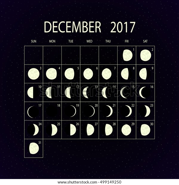 Moon phases calendar for 2017 on night sky.
December. Vector
illustration.