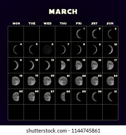 Moon phases calendar for 2019 with realistic moon. March. Vector EPS 10