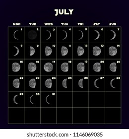 Moon phases calendar for 2019 with realistic moon. July. Vector EPS 10