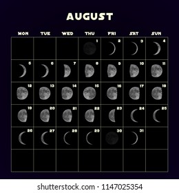 Moon phases calendar for 2019 with realistic moon. August. Vector EPS 10