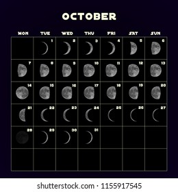 Moon phases calendar for 2019 with realistic moon. October. Vector EPS 10