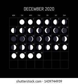 Moon phases calendar for 2020 year. December. Night background design. Vector illustration