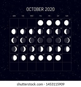 Moon phases calendar for 2020 year. October. Night background design. Vector illustration