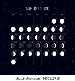 Moon phases calendar for 2020 year. August. Night background design. Vector illustration