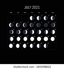 Calendario de fases de la luna para 2021 año. Julio. Diseño de fondo nocturno. Ilustración del vector