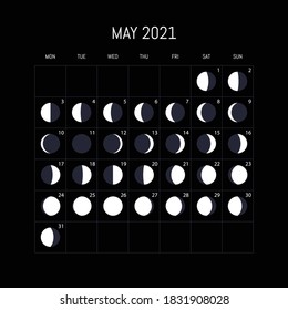 Moon phases calendar for 2021 year. May. Night background design. Vector illustration