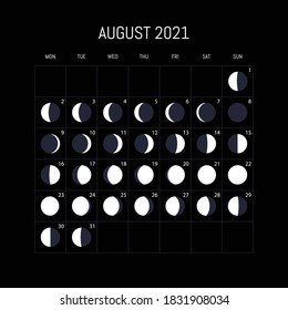 Moon phases calendar for 2021 year. August. Night background design. Vector illustration