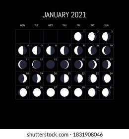 Moon phases calendar for 2021 year. January. Night background design. Vector illustration