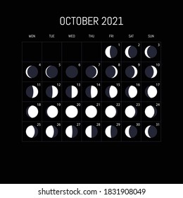 Moon phases calendar for 2021 year. October. Night background design. Vector illustration