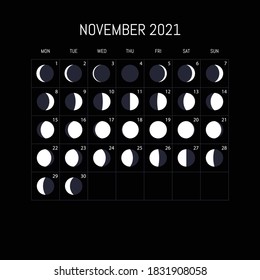 Moon phases calendar for 2021 year. November. Night background design. Vector illustration