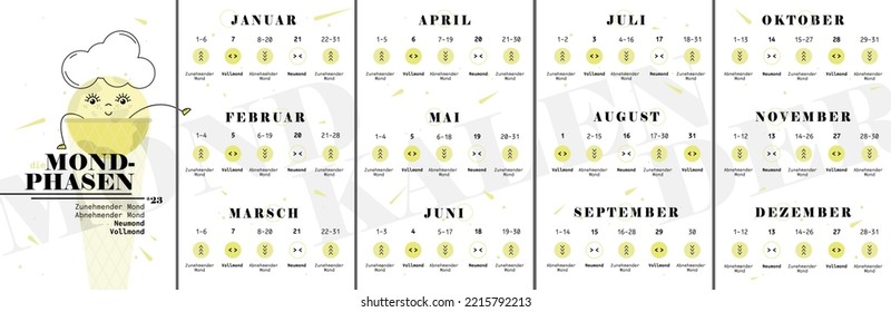 Moon Phases Calendar 2023 In German With Dates. Text In German  Translate As Moon Phases, Waxing Crescent, Full Moon, Waning Gibbous, January, February, March, May, June, July, October, December.