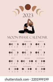 El calendario de las fases de la luna 2023 con una chica haciendo yoga. Desvaneciéndose gibús, Creciente Waxing, Luna Nueva, Luna llena con dátiles.