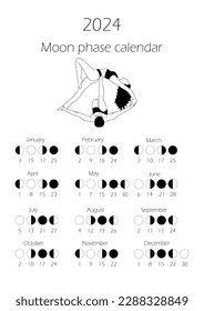 El calendario de fases de la luna 2024 con pareja haciendo yoga. Desvaneciéndose gibús, Creciente Waxing, Luna Nueva, Luna llena con dátiles.	