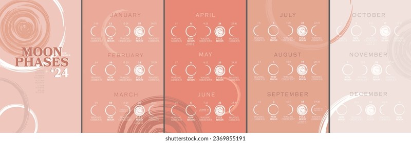 Moon Phases Calendar 2024. Waning Gibbous, Waxing Crescent, New Moon, Full Moon with Dates, Lunar and Solar Eclipse, Spring Equinox, Autumn Equinox, Summer Solstice Days.