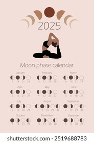 Mondphasen Kalender 2025 mit einem Mädchen tun Yoga. Schwindende Gibbous, Wachsende Halbmonde, Neumond, Vollmond mit Datumsangaben.