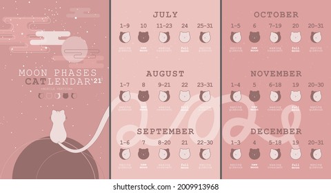 Moon phases calendar for six months 2021 and cats  Waning gibbous  Waxing crescent  New moon  Full moon and dates 