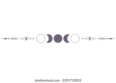 Moon Phases with celestial border isolated on white background. Mystic esoteric symbol with moon and border. Astrology cycle eclipse. Vector design element.