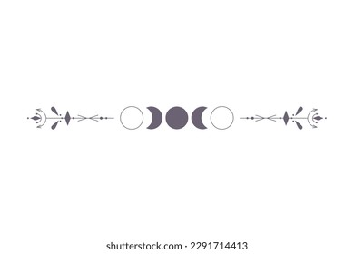 Fases de la luna con borde celestial aislado sobre fondo blanco. Símbolo esotérico místico con luna y borde. Eclipse del ciclo de astrología. Elemento de diseño de vectores.