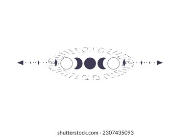 Moon Phases with celestial border isolated on white background. Mystic esoteric symbol with moon and border. Astrology cycle eclipse. Vector design element.