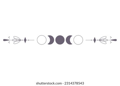 Fases de la luna con borde celestial aislado sobre fondo blanco. Símbolo esotérico místico con luna y borde. Eclipse del ciclo de astrología. Elemento de diseño de vectores.