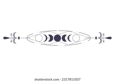 Moon Phases with celestial border isolated on white background. Mystic esoteric symbol with moon and border. Astrology cycle eclipse. Vector design element.