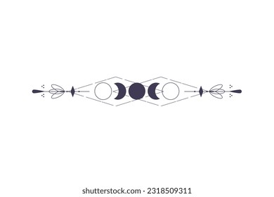 Moon Phases with celestial border isolated on white background. Mystic esoteric symbol with moon and border. Astrology cycle eclipse. Vector design element.