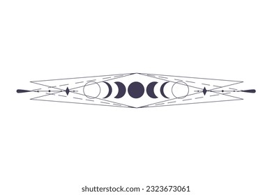 Moon Phases with celestial border isolated on white background. Mystic esoteric symbol with moon and border. Astrology cycle eclipse. Vector design element.