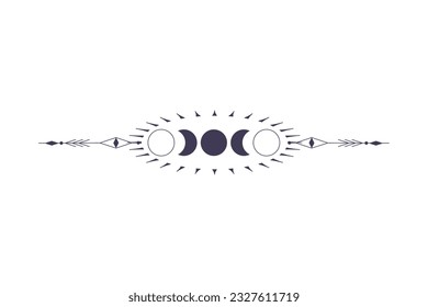 Moon Phases with celestial border isolated on white background. Mystic esoteric symbol with moon and border. Astrology cycle eclipse. Vector design element.