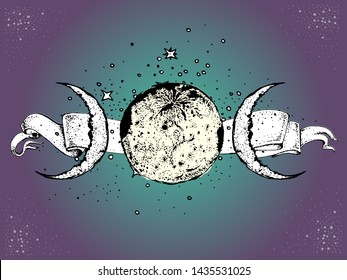 Moon phases, celestial emblem, crescent logo isolated vector drawing in vintage style