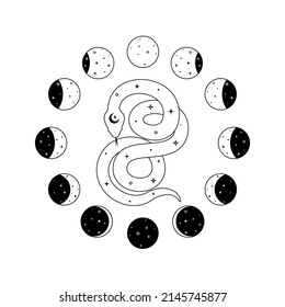 Moon phases and celestial snake in outline style. Spiritual serpent symbol for branding name logo. Esoteric mystical linear silhouette serpent for magic witch craft. Doodle Vector illustration