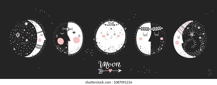 Moon phases, characters image on black background. Hand drawn vector illustration of cycle from new to full moon.Vector illustration.