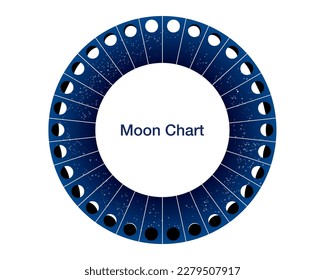 moon phases circle, calendar  astronomy vector chart, lunar wheel blue starry rapresentation isolated on white background