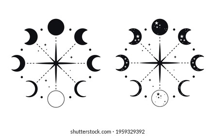 Moon phases in a circular composition. Black crescent moon with stars. Vector illustration.