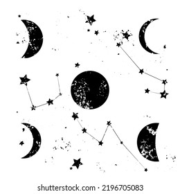 Moon phases and constellation stars. Set of vintage hand drawn shiny cosmic objects on dark background. Universe objects retro textured print.