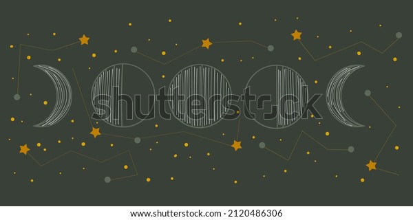 Moon phases with constellations of the zodiac in\
vintage style on a dark background. Changing moon with stars in the\
sky. Spiritual celestial astrology. Flat vector illustration\
banner.