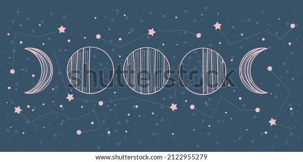 Moon\
phases with constellations of the zodiac in vintage style on a blue\
background. Changing moon with stars in the sky. Spiritual\
celestial astrology. Flat vector illustration\
banner