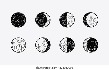 Moon phases with contrast branches. Monochrome. Vector Illustration