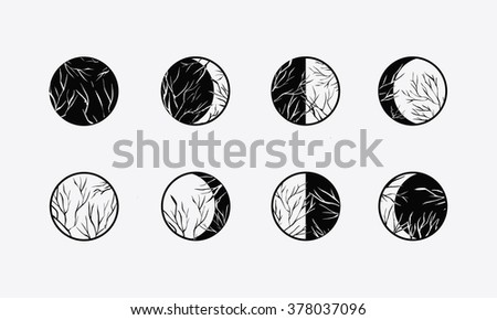 Moon phases with contrast branches. Monochrome. Vector Illustration