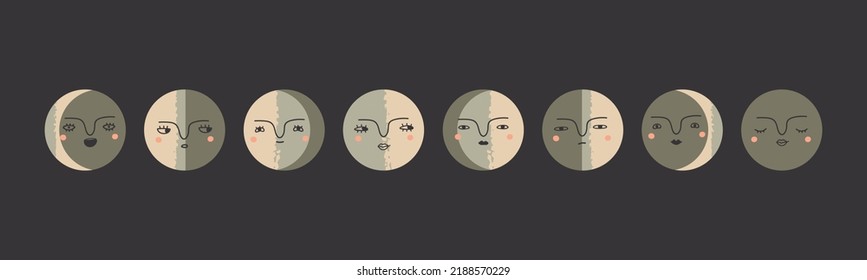 Moon phases. Crescent and full moon with faces. Hand drawn modern Vector illustration. Esoteric, occult, astrology, alchemy, boho, magic concept. Round icons. All elements are isolated