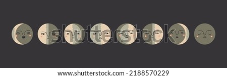 Moon phases. Crescent and full moon with faces. Hand drawn modern Vector illustration. Esoteric, occult, astrology, alchemy, boho, magic concept. Round icons. All elements are isolated