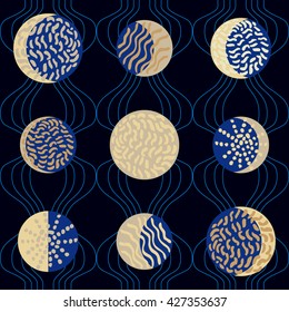 Moon phases. Crescent growth. Abstract seamless vector pattern. 1950s style, geometric motifs, hand drawn dotted elements. Golden, blue, black.
