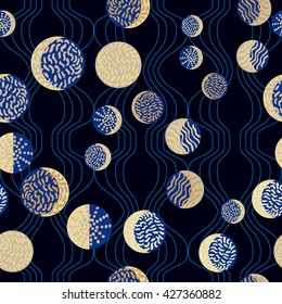 Moon phases. Crescent growth. Abstract seamless vector pattern. 1950s style, geometric motif, hand drawn dotted elements, wavy background. Golden, blue, black. 